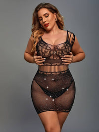 Σέξι Διχτυωτό Φόρεμα Plus Size με Hollow Out Σχέδιο και Strass