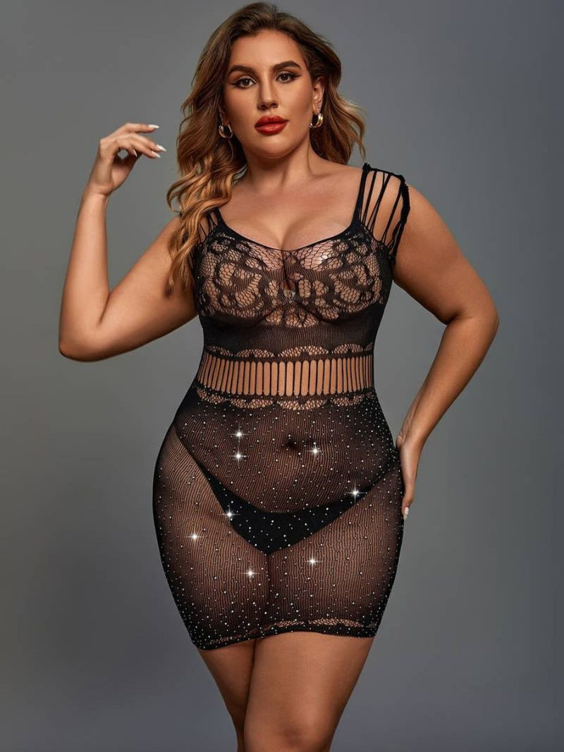 Σέξι Διχτυωτό Φόρεμα Plus Size με Hollow Out Σχέδιο και Strass