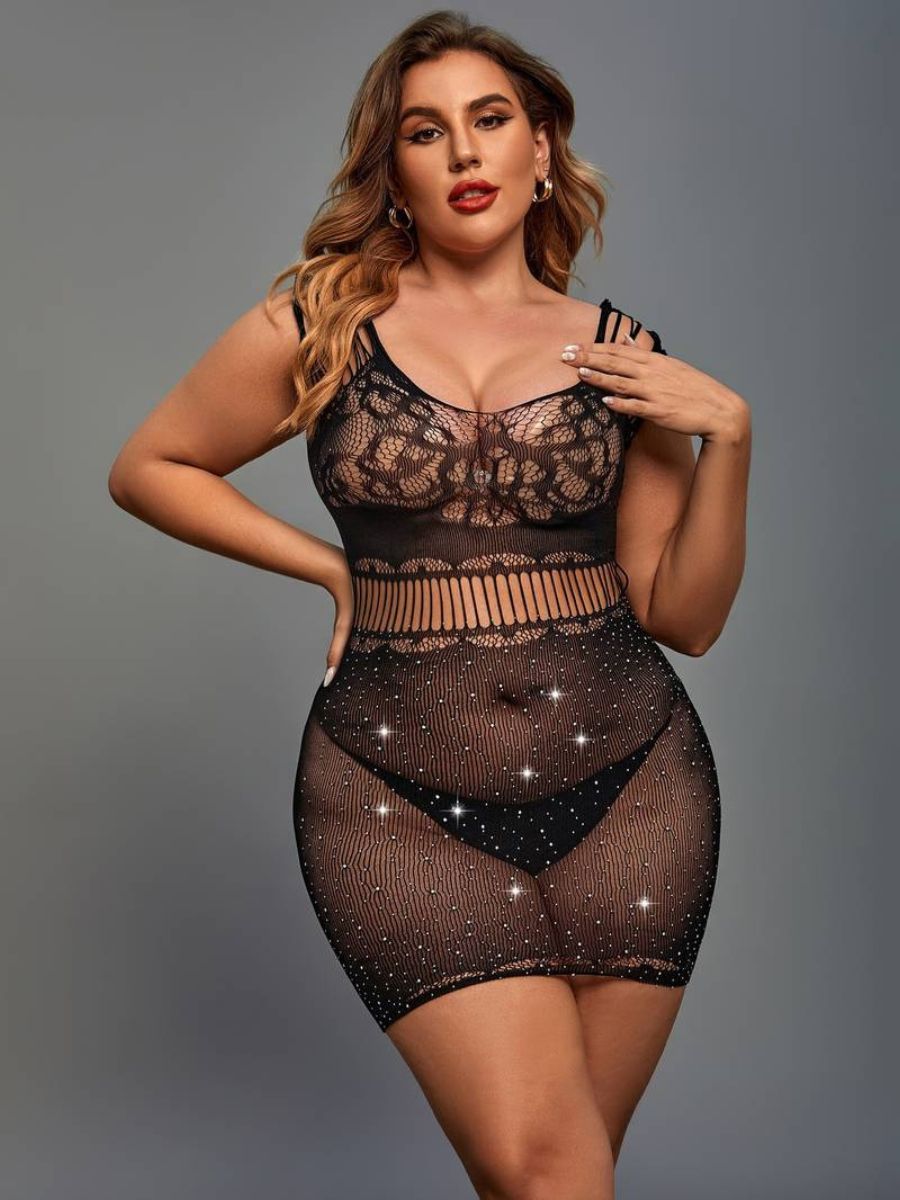 Σέξι Διχτυωτό Φόρεμα Plus Size με Hollow Out Σχέδιο και Strass
