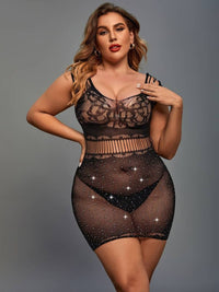 Σέξι Διχτυωτό Φόρεμα Plus Size με Hollow Out Σχέδιο και Strass