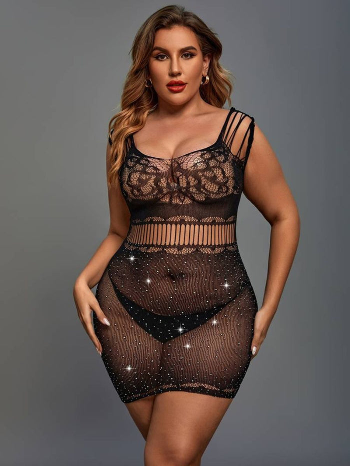 Σέξι Διχτυωτό Φόρεμα Plus Size με Hollow Out Σχέδιο και Strass