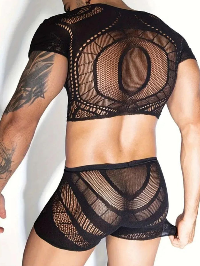Sexy Ανδρικό Fishnet Bodystocking Σετ Τοπ & Σορτς