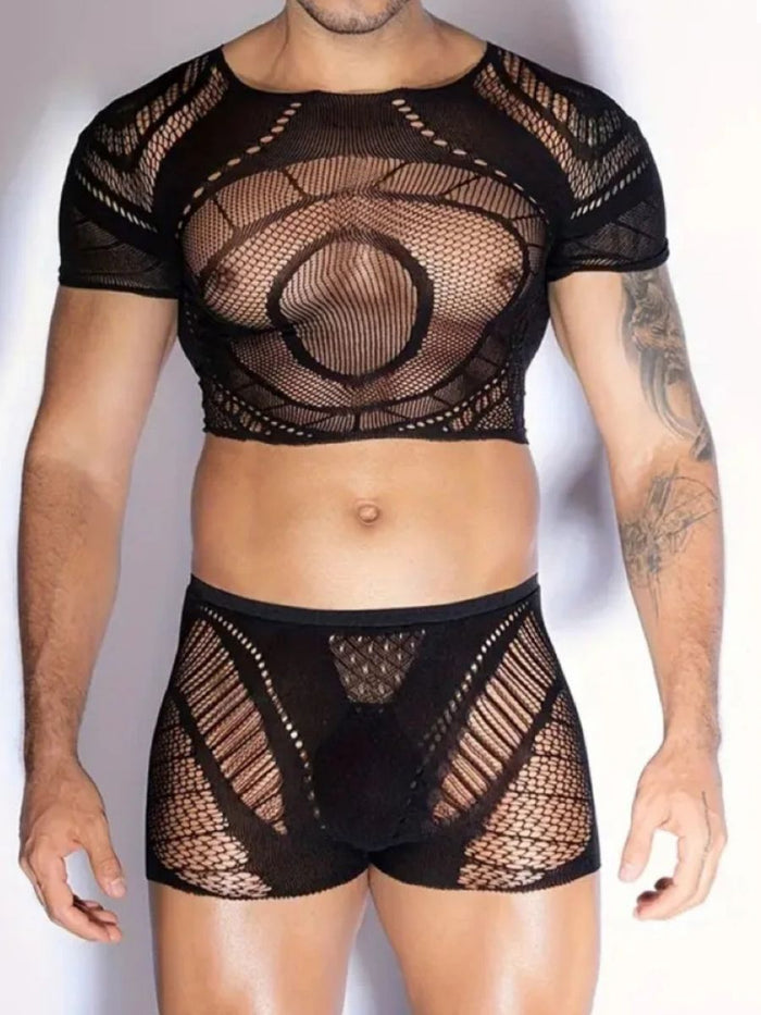 Sexy Ανδρικό Fishnet Bodystocking Σετ Τοπ & Σορτς