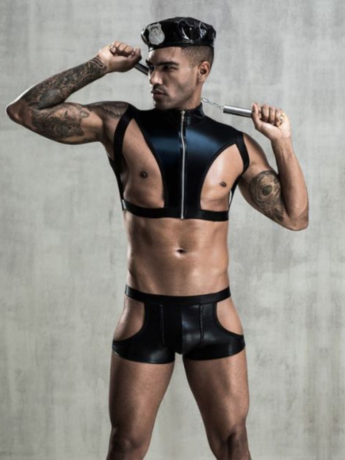 Ανδρική Δερμάτινη Στολή Sexy Policeman με Καπέλο