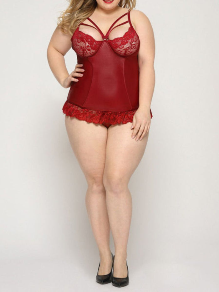 Sexy Plus Size Κόκκινος Κορσές με Τιράντες & String