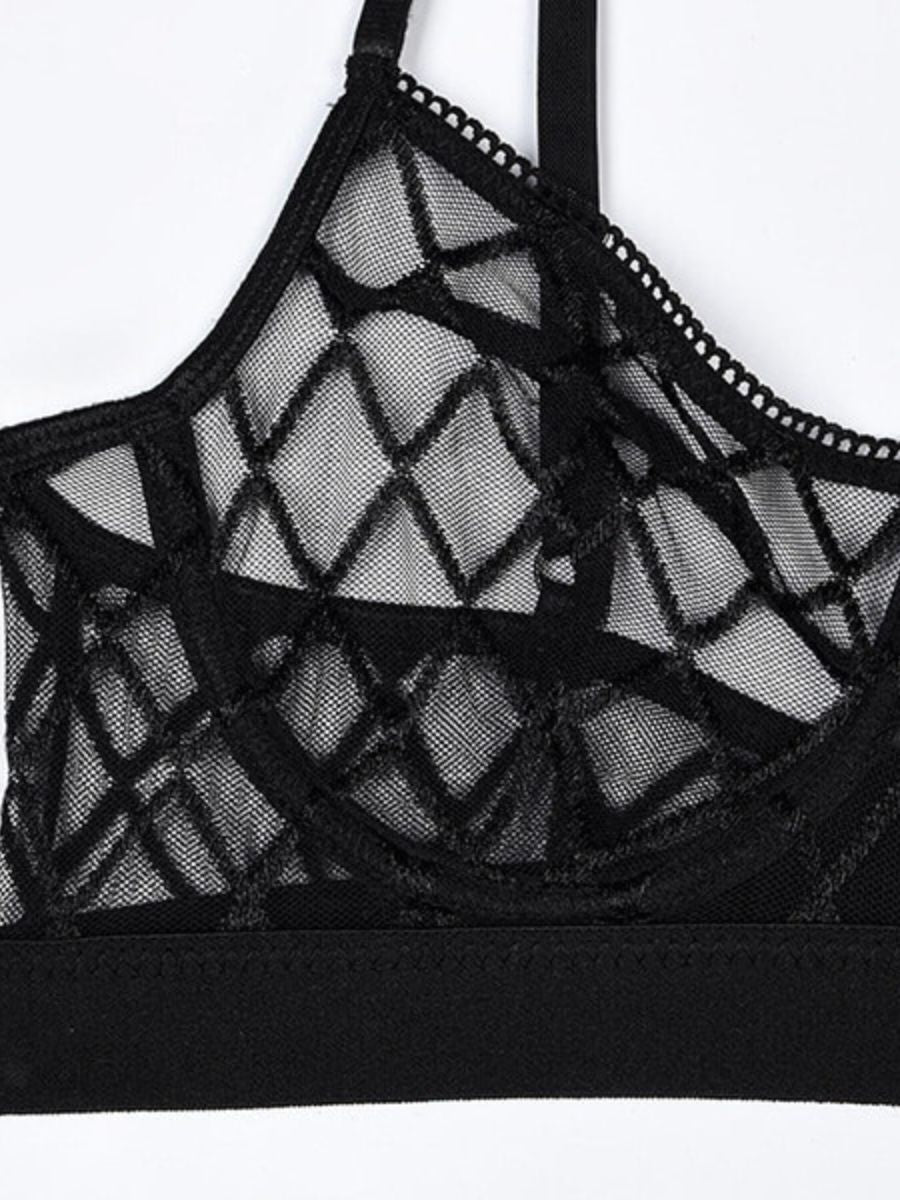 Sexy σετ 4 τεμαχίων see-through σε μαύρο και μωβ με ζαρτιέρες – Juicy String