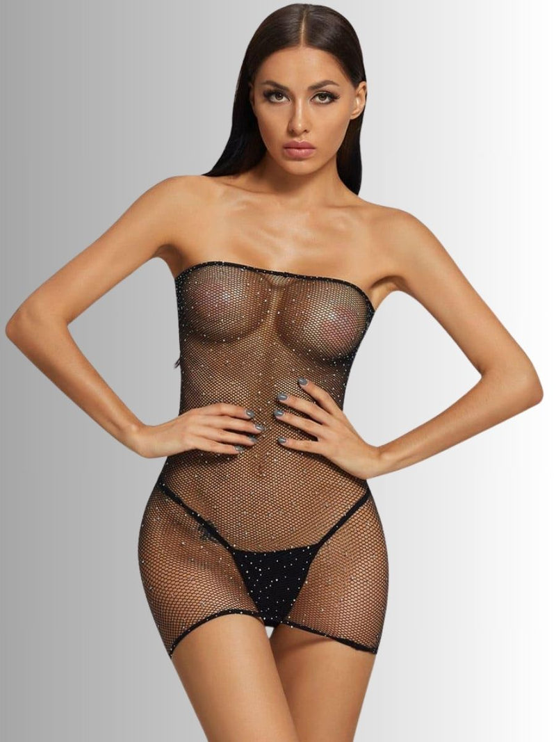 Σέξι στράπλες διχτυωτό φόρεμα με strass – Μαύρο | Juicy String