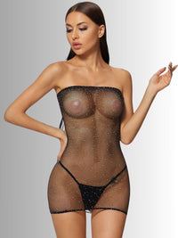 Σέξι στράπλες διχτυωτό φόρεμα με strass – Μαύρο | Juicy String