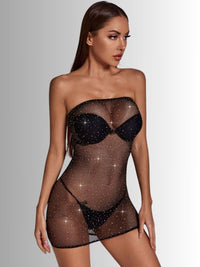 Σέξι στράπλες διχτυωτό φόρεμα με strass – Μαύρο | Juicy String