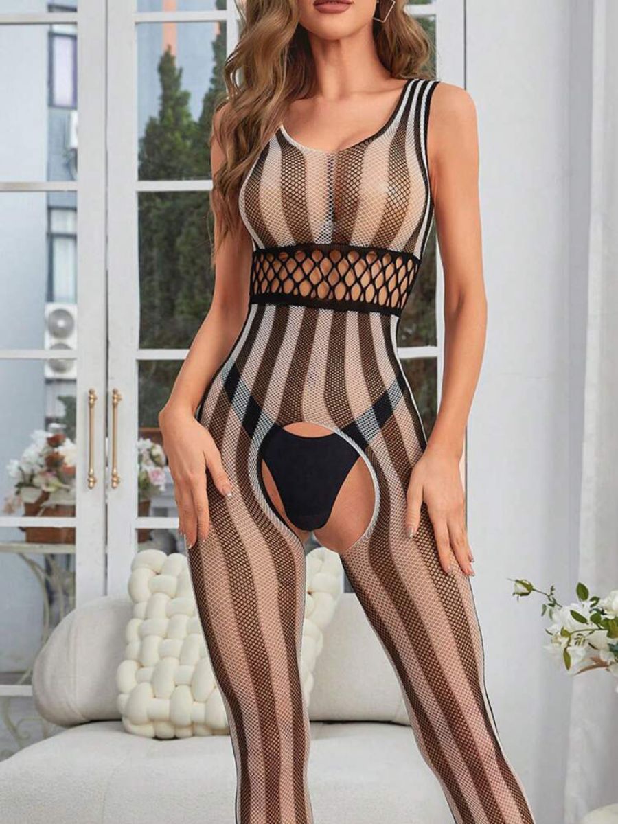 Γυναικείο Σέξι Striped Mesh Ολόσωμο Bodystocking🖤🤍
