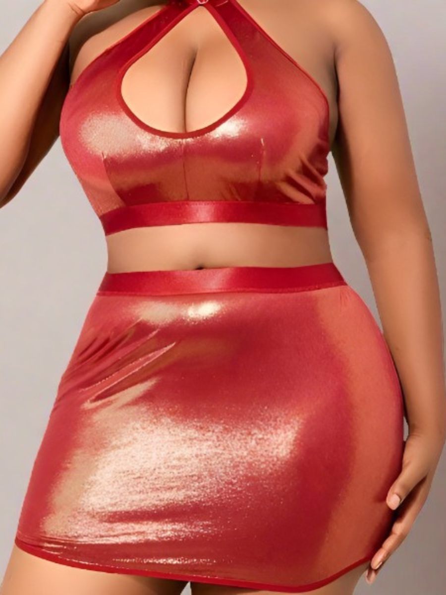 Γυαλιστερό Plus Size Set με Top και Φούστα