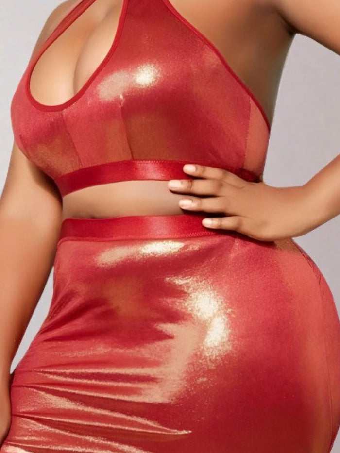 Γυαλιστερό Plus Size Set με Top και Φούστα