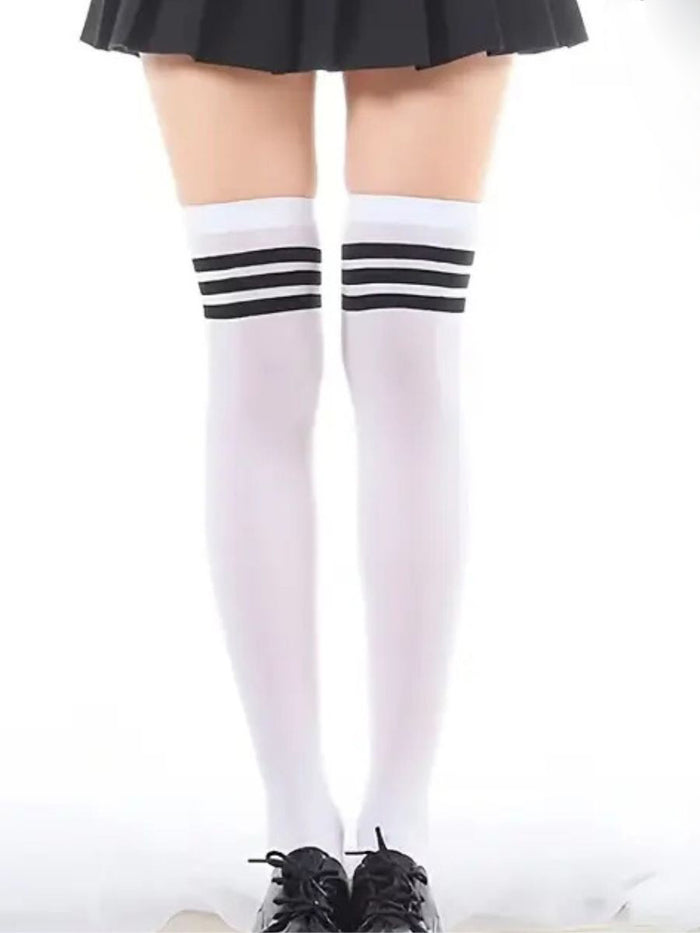 Λευκές thin over-knee κάλτσες με 3 μαύρες ρίγες – schoolgirl στυλ – Juicy String