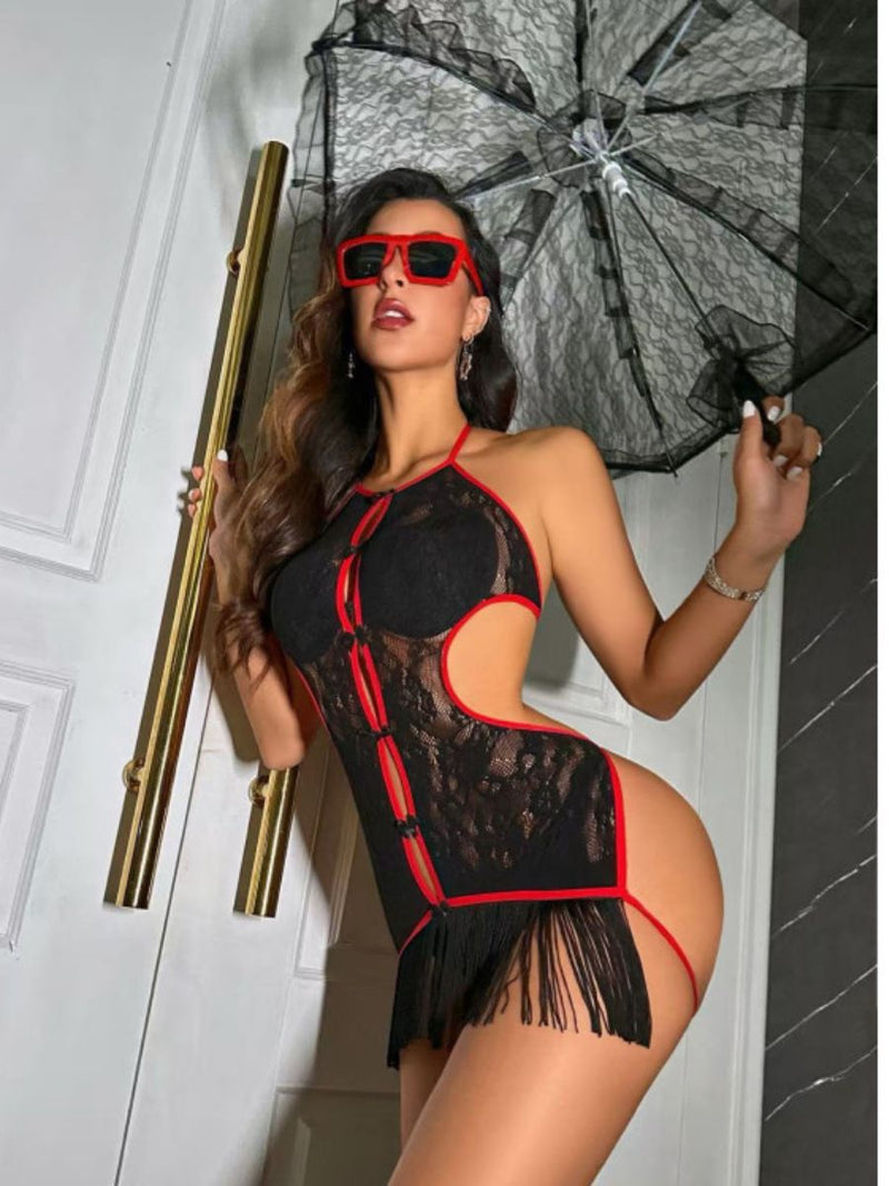 Σέξι μαύρο και κόκκινο ρολ πλέι φόρεμα με φιόγκους και κρόσσια – Juicy String
