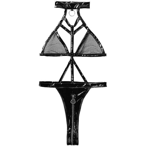 Μαύρο wet look κορμάκι με τσόκερ και φερμουάρ - Juicy String