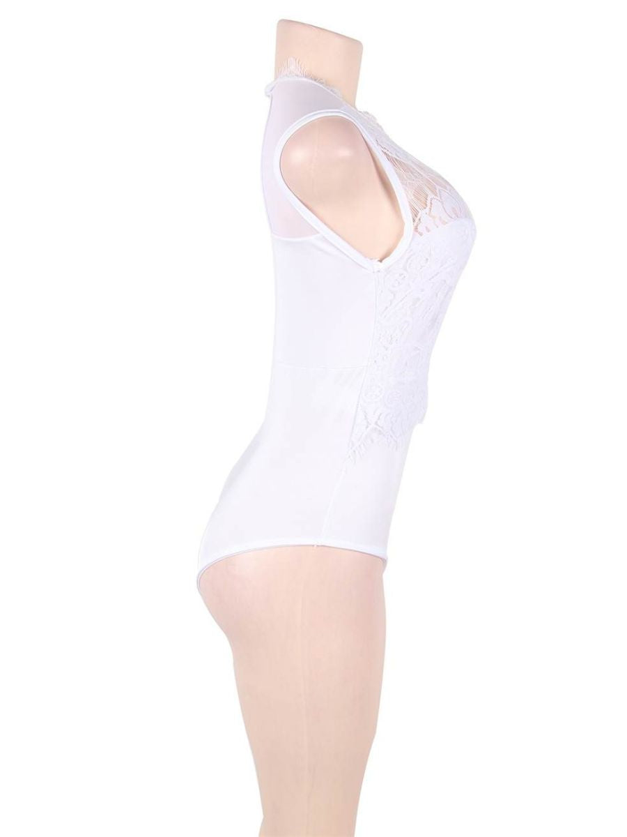 Λευκό κορμάκι lingerie με eyelash δαντέλα, mesh και ανοιχτό καβάλο – Juicy String