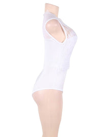 Λευκό κορμάκι lingerie με eyelash δαντέλα, mesh και ανοιχτό καβάλο – Juicy String