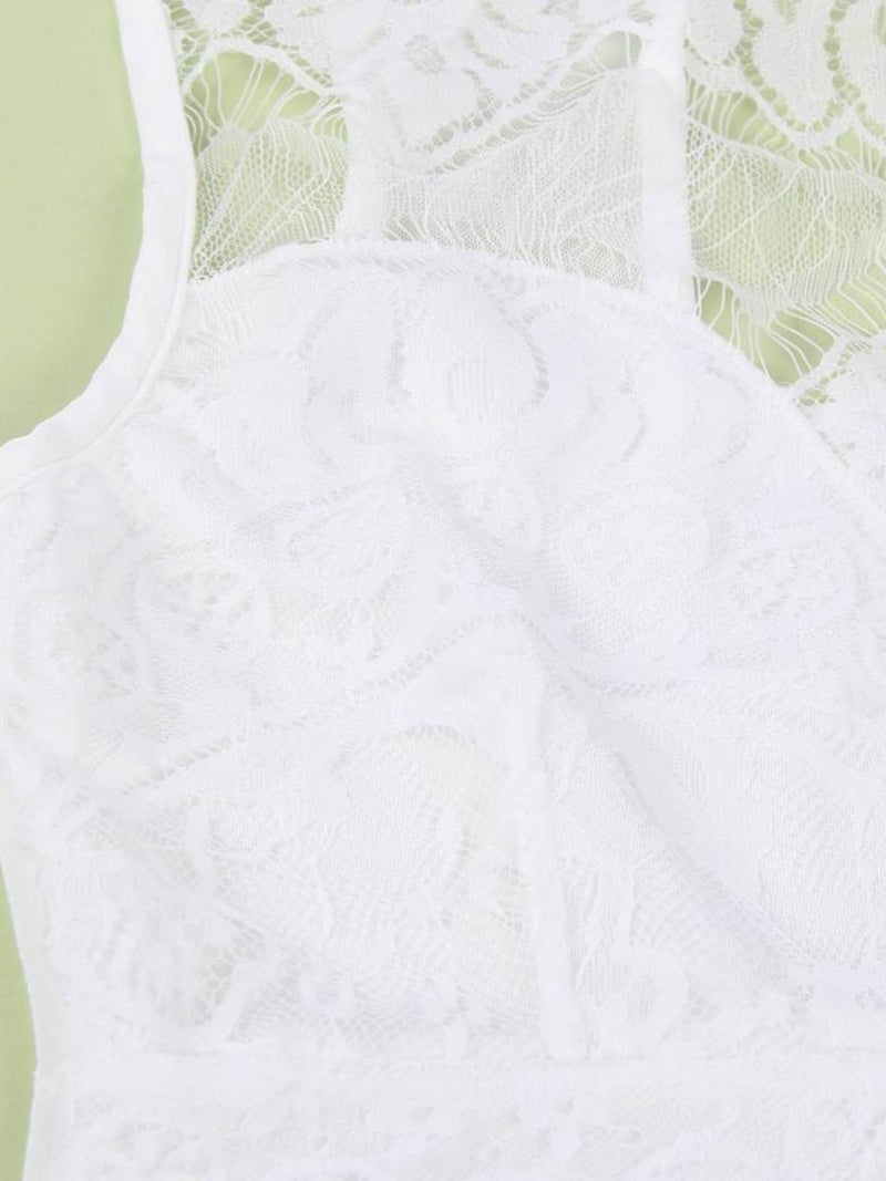 Λευκό κορμάκι lingerie με eyelash δαντέλα, mesh και ανοιχτό καβάλο – Juicy String