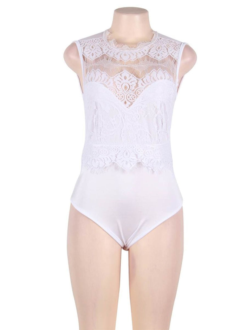 Λευκό κορμάκι lingerie με eyelash δαντέλα, mesh και ανοιχτό καβάλο – Juicy String