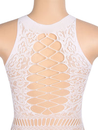 Λευκό δαντελένιο bodystocking φόρεμα που λάμπει στο σκοτάδι με hollow-out σχέδιο – Juicy String