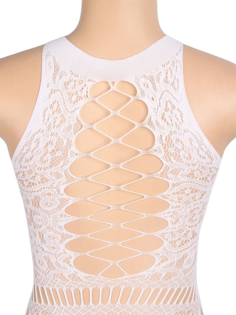 Λευκό δαντελένιο bodystocking φόρεμα που λάμπει στο σκοτάδι με hollow-out σχέδιο – Juicy String