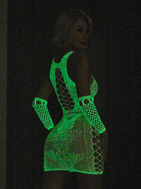 Λευκό δαντελένιο bodystocking φόρεμα που λάμπει στο σκοτάδι με hollow-out σχέδιο – Juicy String