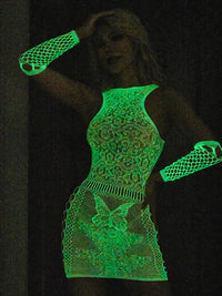 Λευκό δαντελένιο bodystocking φόρεμα που λάμπει στο σκοτάδι με hollow-out σχέδιο – Juicy String