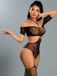 Σέξι Μαύρο Διχτυωτό Catsuit Bodystocking με Ζαρτιέρες