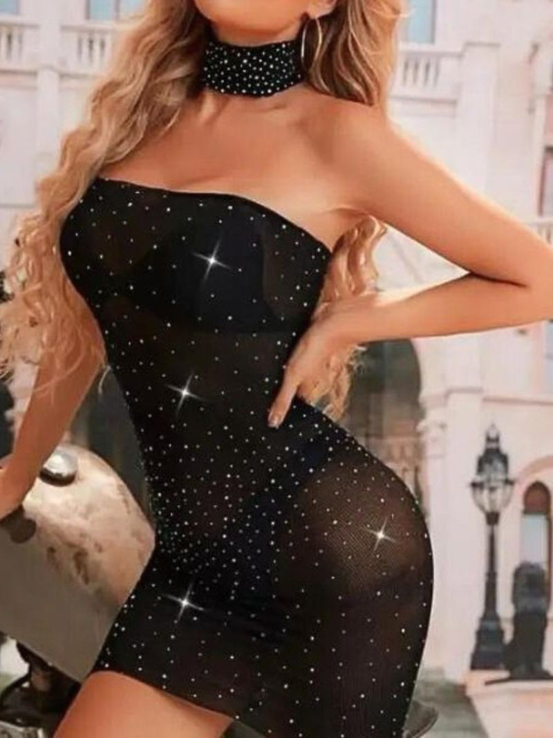 Μίνι Μαύρο Διχτυωτό Φόρεμα με Strass και Τσόκερ
